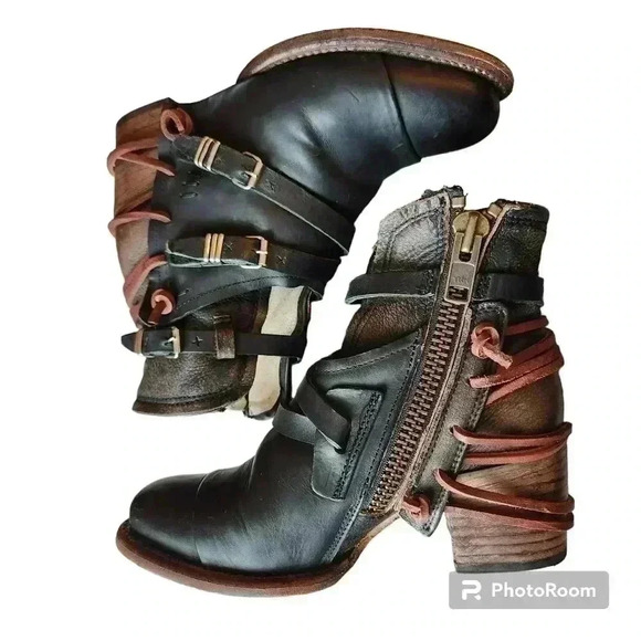 Freebird by Steven Shoes Crue Leather and Suede Bootie Red Black Size 6 - Picture 2 of 13